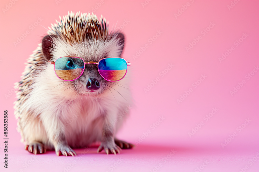 Pink hedgehog wearing colorful bright glasses on a pink background