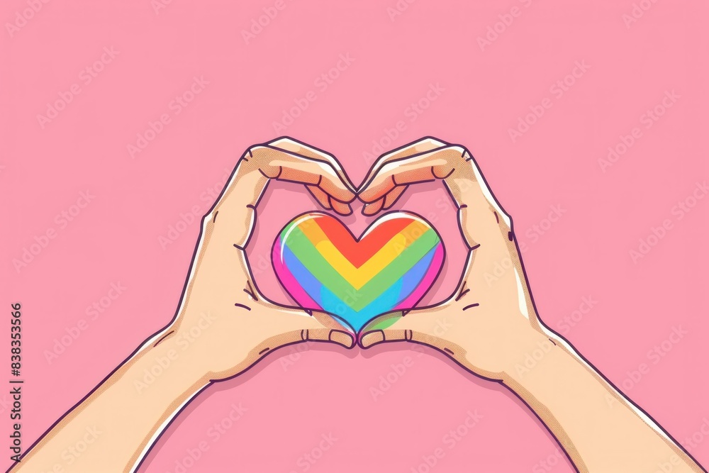 Obraz premium Rainbow heart illustration with hands forming heart shape on pink background for love and peace concept