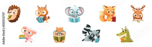 Canvas Print Cute Animals Reading Book Enjoying Interesting Story Vector Set