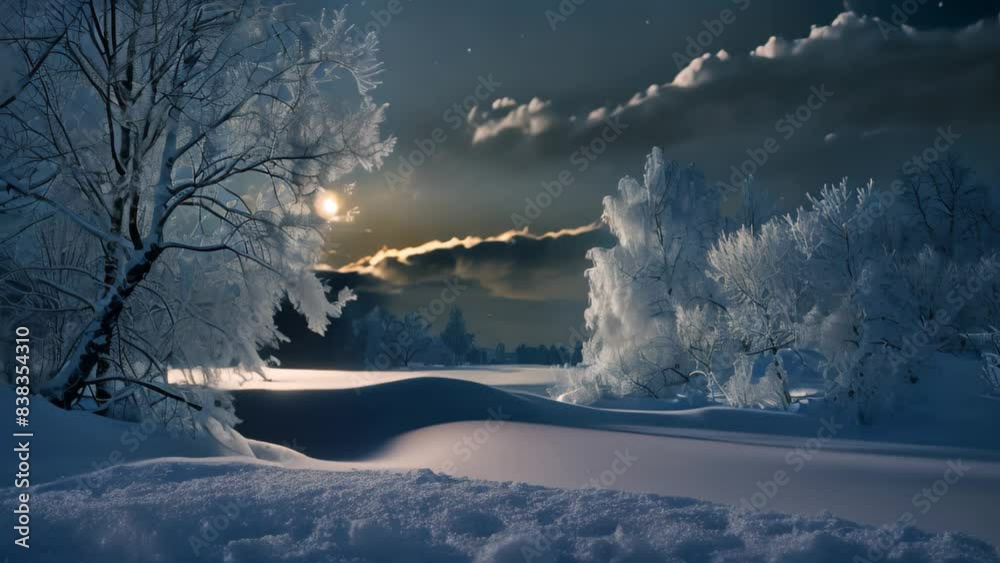 Moonlight illuminates snow-covered landscape with trees under midnight sky, A serene snow-covered landscape at midnight Moonlight illuminates snow-covered landscape with trees under midnight sky, A serene snow-covered landscape at midnight