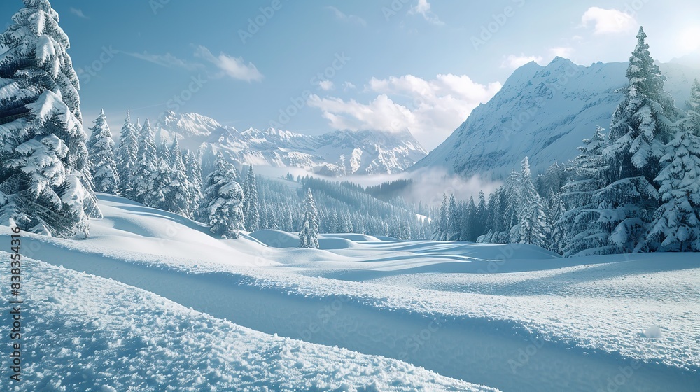 Obraz premium Alpine Meadows, a winter wonderland for snowy adventures, has fresh snow blankets. Snow-covered Alpine Meadows in a Photorealistic Concept in Adobe Stock, Generative AI.