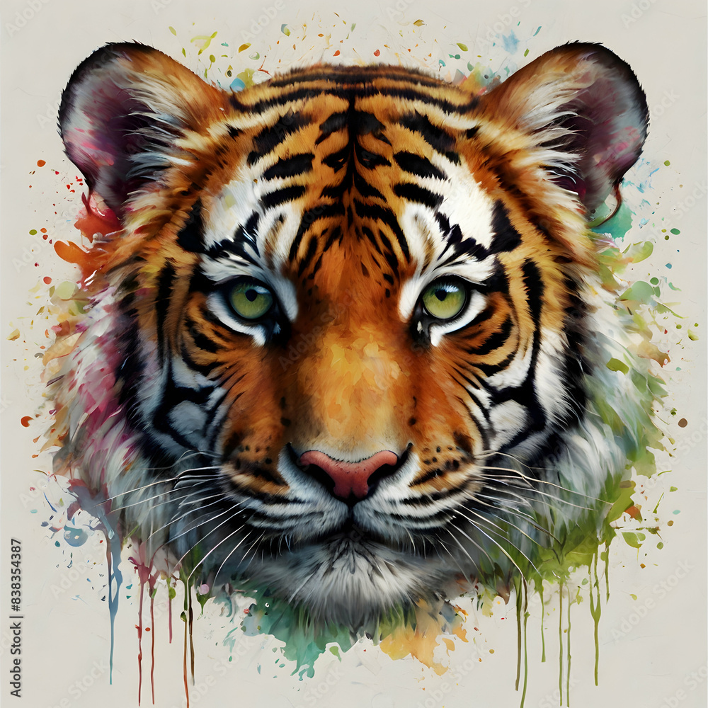 Naklejka premium a regal baby tiger as the focal point, exuding grace and elegance. The tiger's striking eyes gleam brightly, contrasting with its soft fur and delicate posture.