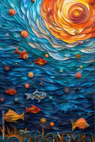 A surreal seascape where the ocean is made of swirling kaleidoscopic patterns and fish are geometric shapes.
