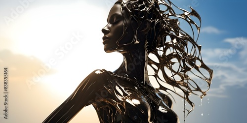 Liquid metal cascades over abstract fashion model silhouette on futuristic isolated background. Concept Liquid Metal, Abstract Fashion, Futuristic Background, Fashion Model, Silhouette