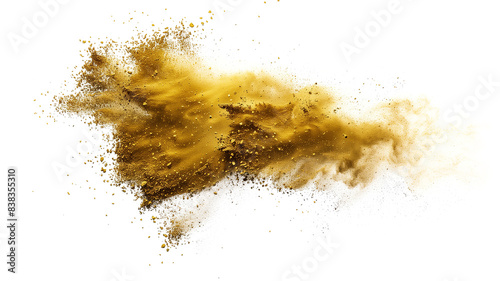 Gold powder, Fog or smoke color isolated transparent special effect. Abstract metallic dust explosion on white background. Powder blast