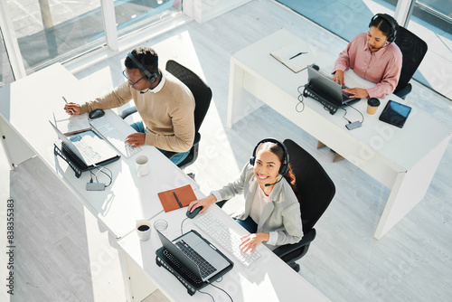 Tableau sur toile Call center, woman and smile in portrait with laptop, telemarketing staff and voip tech from above