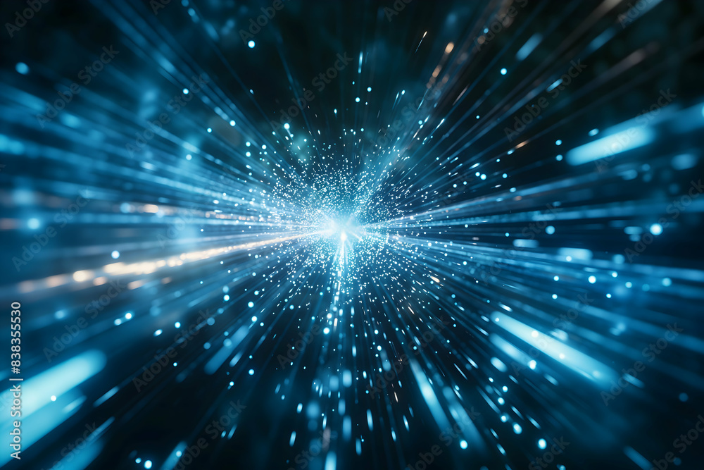 a burst of light with blue hues moving and flying, in the style of radiating lines