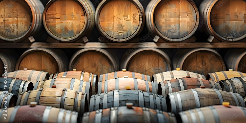 Various barrels storing wine whiskey and rum in an old cellar. Concept Wine Barrels, Whiskey Barrels, Rum Barrels, Old Cellar, Alcohol Storage Various barrels storing wine whiskey and rum in an old cellar. Concept Wine Barrels, Whiskey Barrels, Rum Barrels, Old Cellar, Alcohol Storage