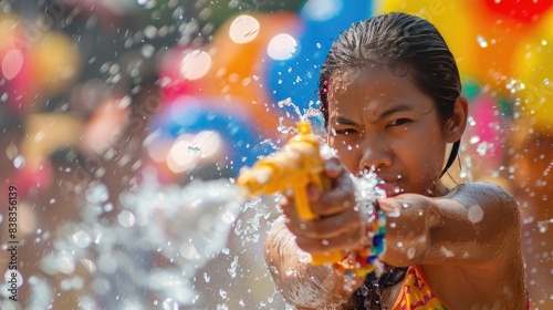 Thai woman squirting water pistol during songkran festival in bangkok thailand.