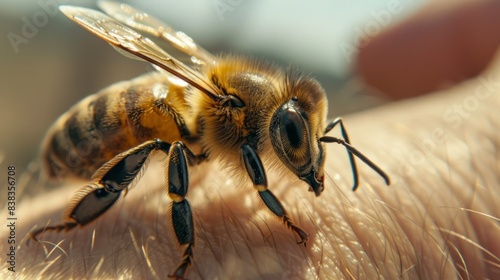 closeup bee stinging on an arm