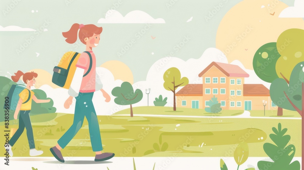 Students wearing backpacks walking on their way to school. micro mobility transportation, illustration style of a flat design, Back to school Students wearing backpacks walking on their way to school. micro mobility transportation, illustration style of a flat design, Back to school