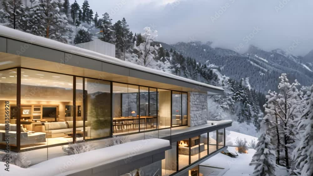 Contemporary house in mountain setting covered in snow, A sleek and modern mountain retreat with floor-to-ceiling windows Contemporary house in mountain setting covered in snow, A sleek and modern mountain retreat with floor-to-ceiling windows