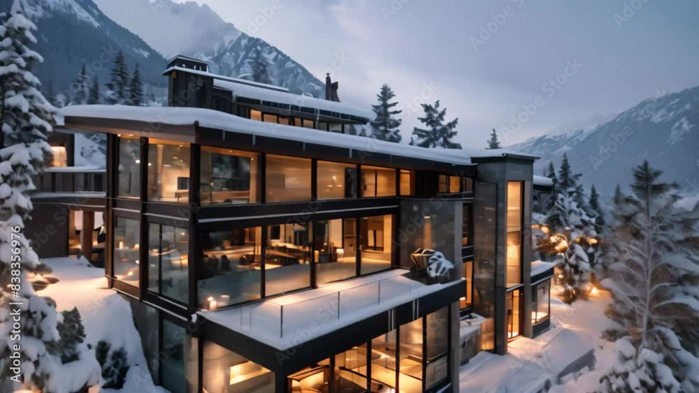 A modern mountain retreat surrounded by snow-covered trees in a winter landscape, A sleek and modern mountain retreat with floor-to-ceiling windows A modern mountain retreat surrounded by snow-covered trees in a winter landscape, A sleek and modern mountain retreat with floor-to-ceiling windows