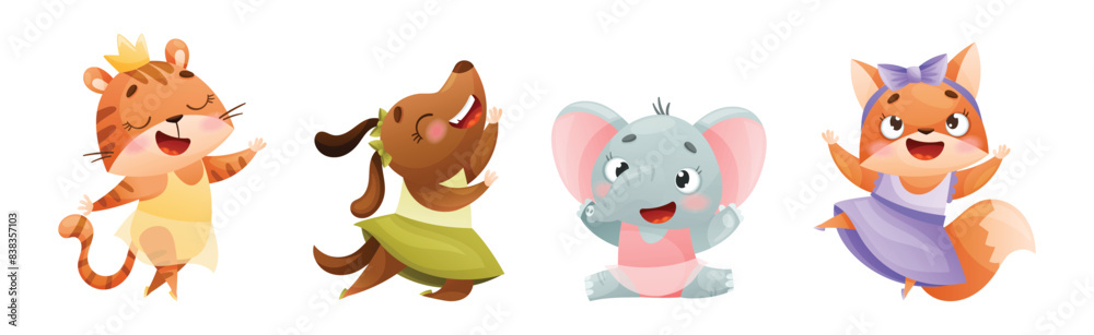 Fototapeta premium Cute Animal Dancing Ballet Wearing Tutu Skirt Vector Set