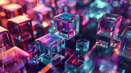 Digital abstract background with sci-fi neon light line pattern, Picturesque,Technology virtual reality blockchain neon cube data stream background,Created by,Abstract 3d rendering of blue cubes with 