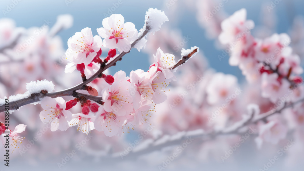 Snow-covered cherry blossoms on a branch, blending the beauty of spring with the chill of winter.

