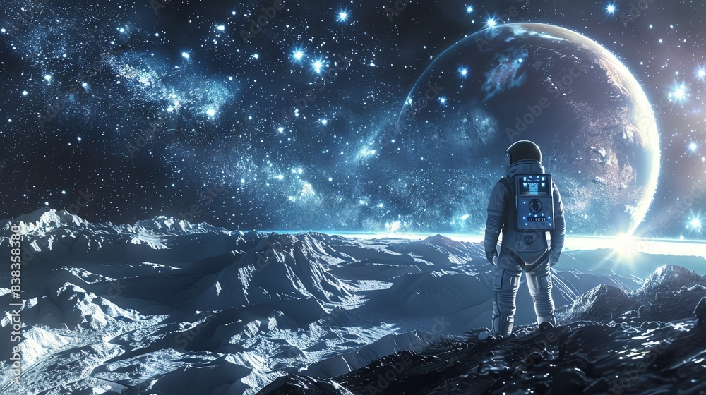 Obraz premium Astronaut standing on an alien landscape, gazing at the star-filled sky and distant planet, capturing the vastness and beauty of outer space.