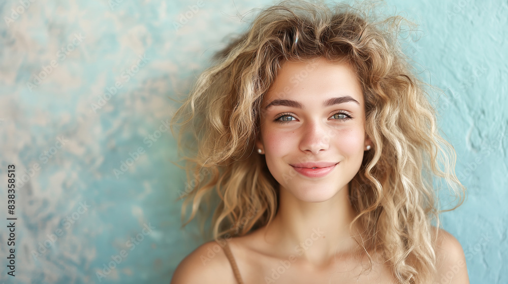 Close-up portrait of a young beautiful blonde girl against a blue light background. Concept of happiness, emotions and lifestyle Close-up portrait of a young beautiful blonde girl against a blue light background. Concept of happiness, emotions and lifestyle