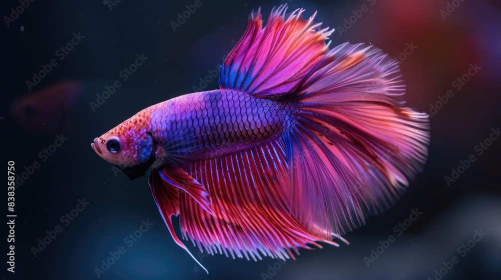 Majestic Betta Fish with Vibrant Pink and Purple Scales Swimming in Dark Water Majestic Betta Fish with Vibrant Pink and Purple Scales Swimming in Dark Water