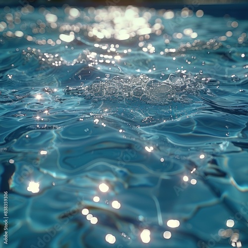 Image of calm  bright blue swimming pool water with the reflection of sunlight on the water surface