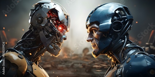 Futuristic robots with opposing AI engage in a battle of good vs bad. Concept Science Fiction, Artificial Intelligence, Robotics, Battle, Good vs Evil