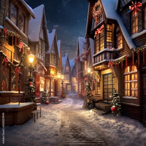 Christmas village street at night with lights and decorations, 3d illustration