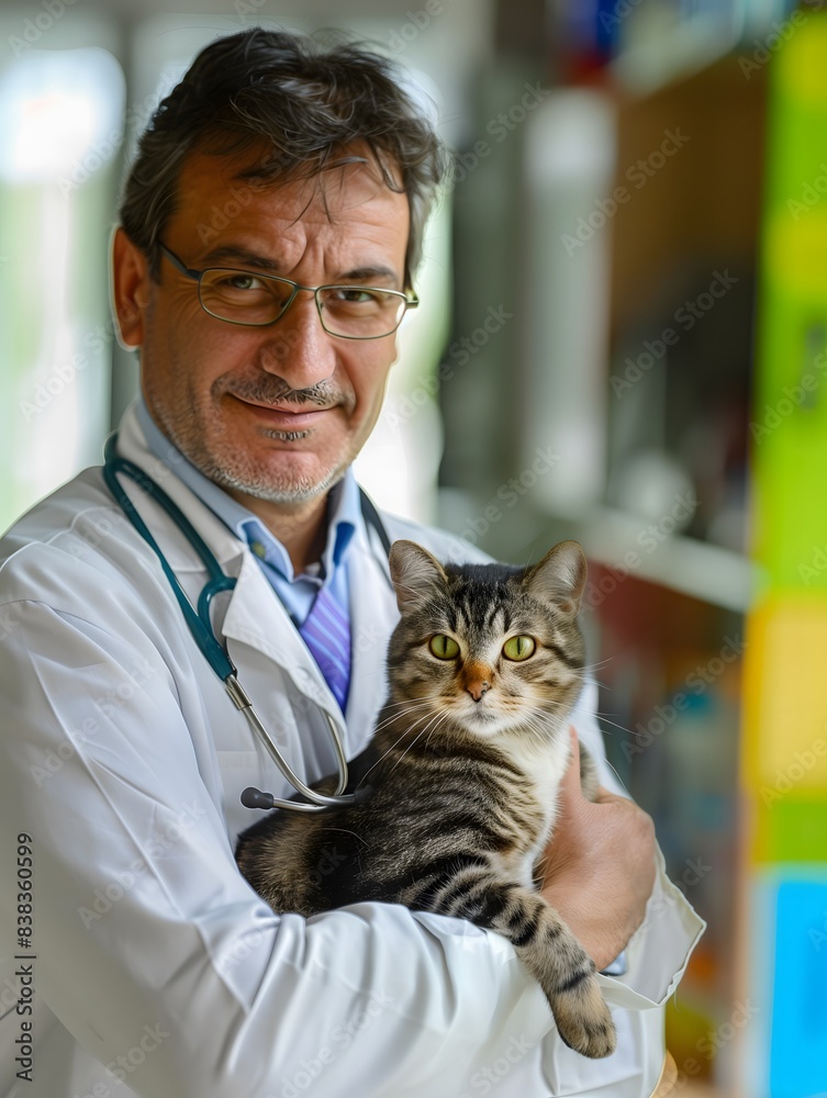 Smiling Veterinarian Holding Tabby Cat During Appointment. Generative AI