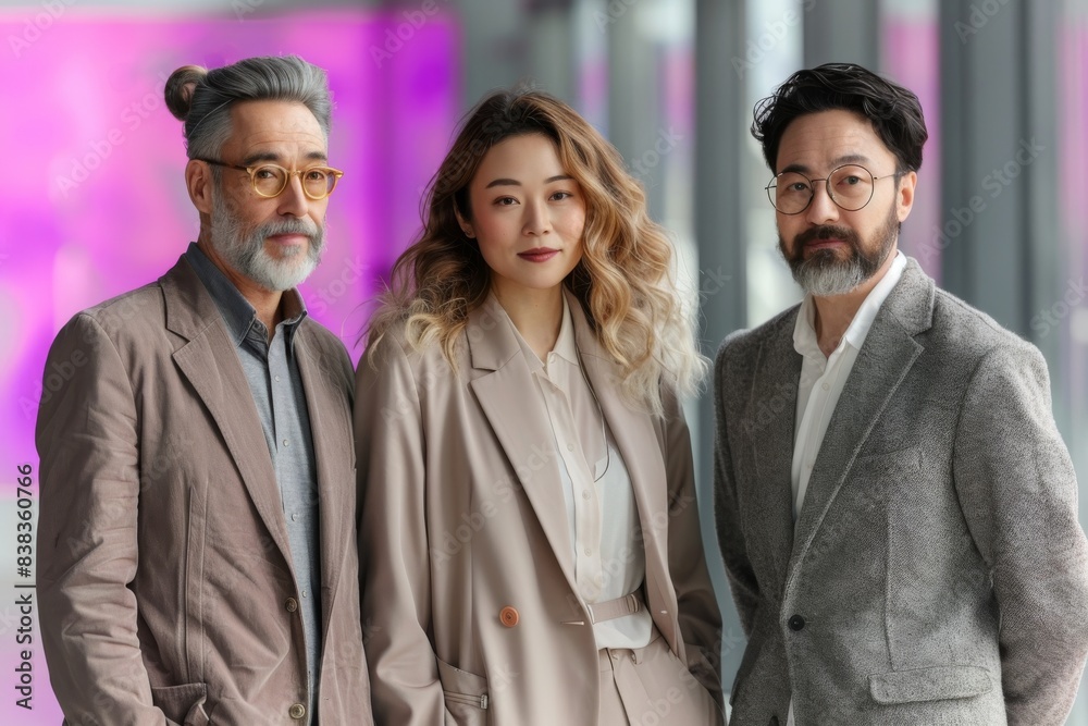Three people are standing in a room, all wearing suits Three people are standing in a room, all wearing suits