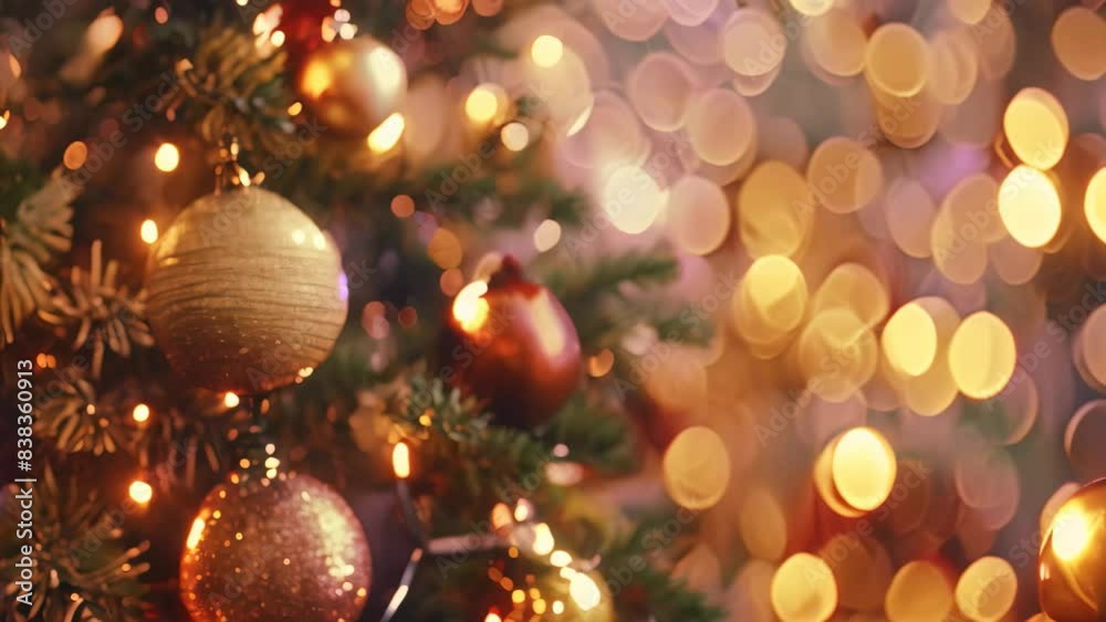 A detailed view of a Christmas tree covered in sparkling lights, creating a festive ambiance, A sparkling Christmas tree adorned with twinkling lights and ornaments