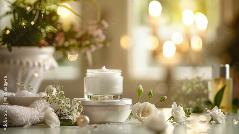 Floral arrangement with cream jar on table in elegant setting for beauty and home decor concept Floral arrangement with cream jar on table in elegant setting for beauty and home decor concept
