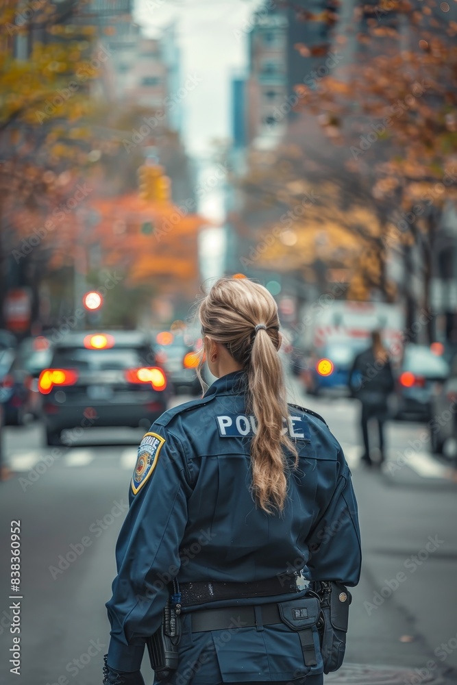 A female police officer patrolling city streets A female police officer patrolling city streets