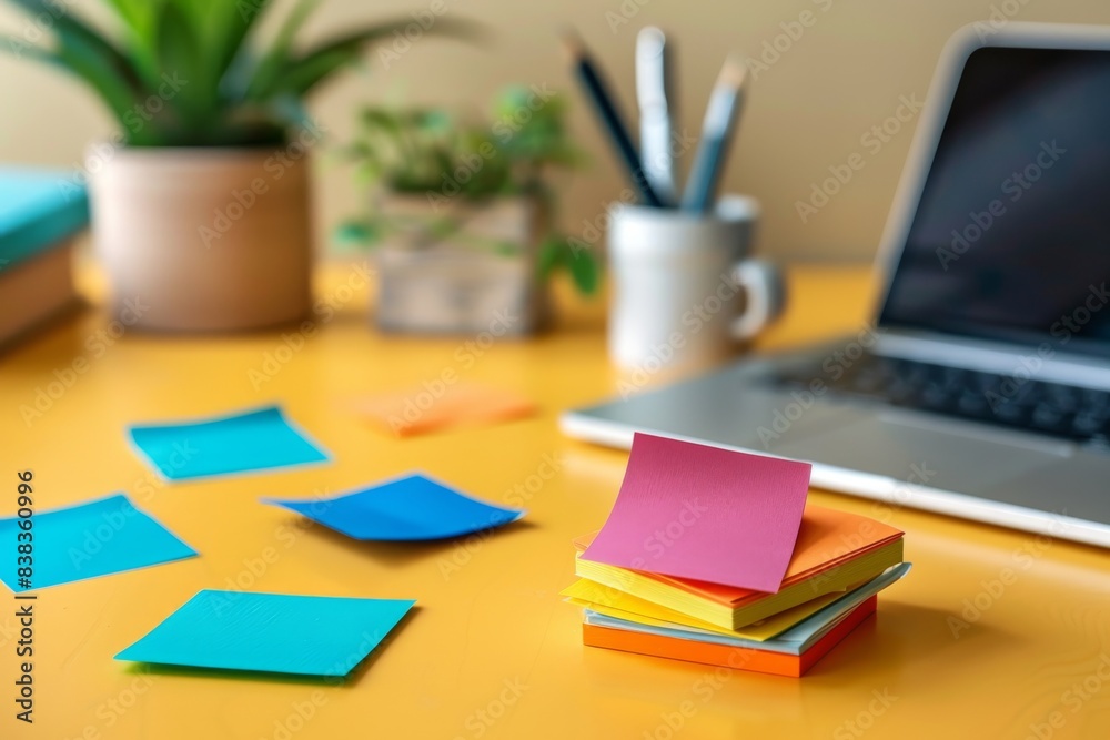 A stack of colorful sticky notes on a desk next to a laptop and a cup