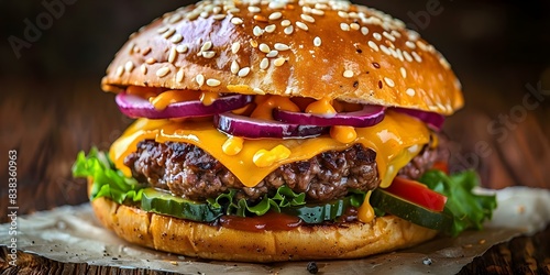Tasty beef patty melted cheese fresh veggies sesame seed bun. Concept Burger  Fast Food  Cheese  Beef Patty  Fresh Veggies