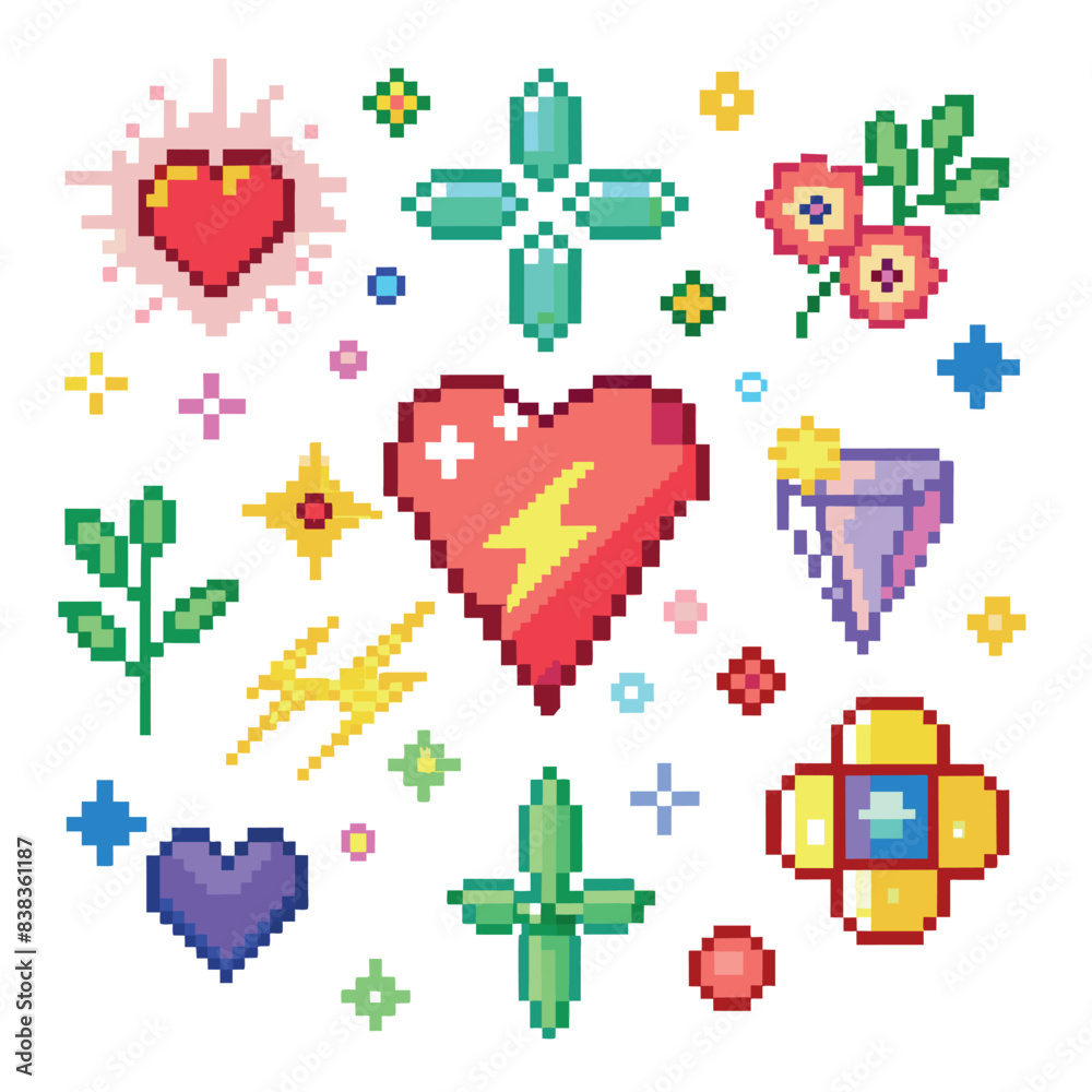 Obraz premium A collection of pixelated images of hearts, stars, and lightning bolts. The images are arranged in a grid, with each image separated by a white space