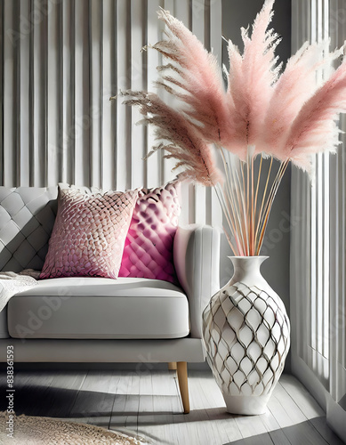 modern living room with sofa.A cozy corner with a white honeycomb-patterned vase filled with pink pampas grass, positioned next to a gray sofa and neutral vertical blinds.