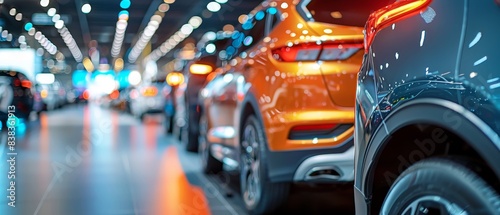 Car Sales Concept : A row of new cars on display for sale at a car dealership