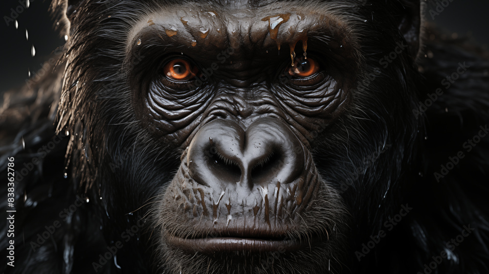 close-up of a gorilla highlighting its thoughtful expression and muscular build. The gorilla's fur and facial details are clearly visible, presenting a unique perspective on a gorilla's demeanor.