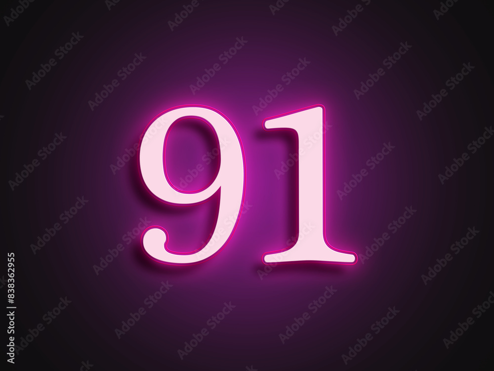 Pink glowing Neon light text effect of number 91. Pink glowing Neon light text effect of number 91.