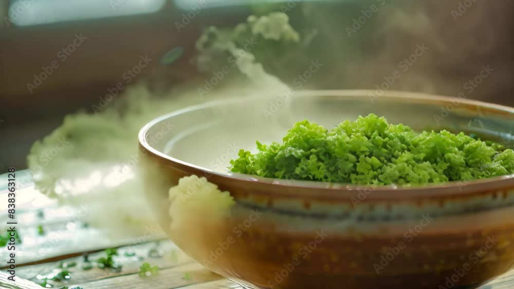 A bowl of soup emitting steam with herbs floating on the surface, A steaming bowl of aromatic soup with herbs floating on the surface A bowl of soup emitting steam with herbs floating on the surface, A steaming bowl of aromatic soup with herbs floating on the surface