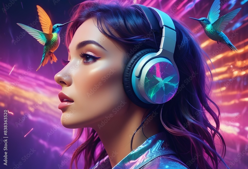 Fototapeta premium Woman face music headphones Hummingbird 