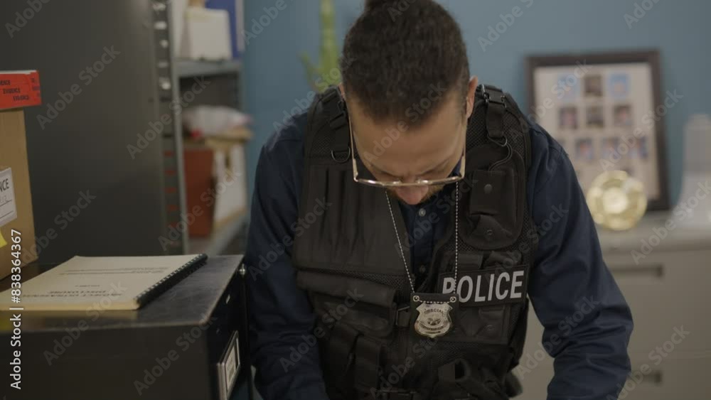 Police officer filing cabinet documents sorting Police officer filing cabinet documents sorting