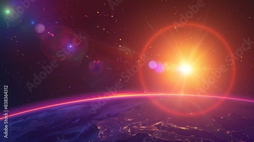 Abstract space background with planet, sun and star dust in the sky. Earth sunset. Dark black purple red blue gradient. © Natawut