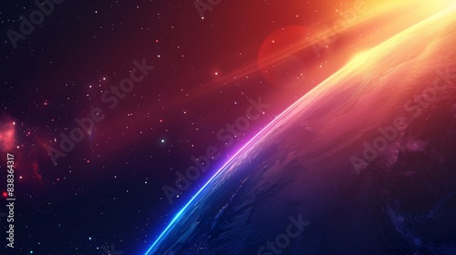 Abstract space background with planet  sun and star dust in the sky. Earth sunset. Dark black purple red blue gradient.