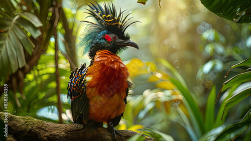 colored beautiful bird sitting on the tree in the jungle, colored wild bird, colored wild bird sitting on the branch of tree in jungle