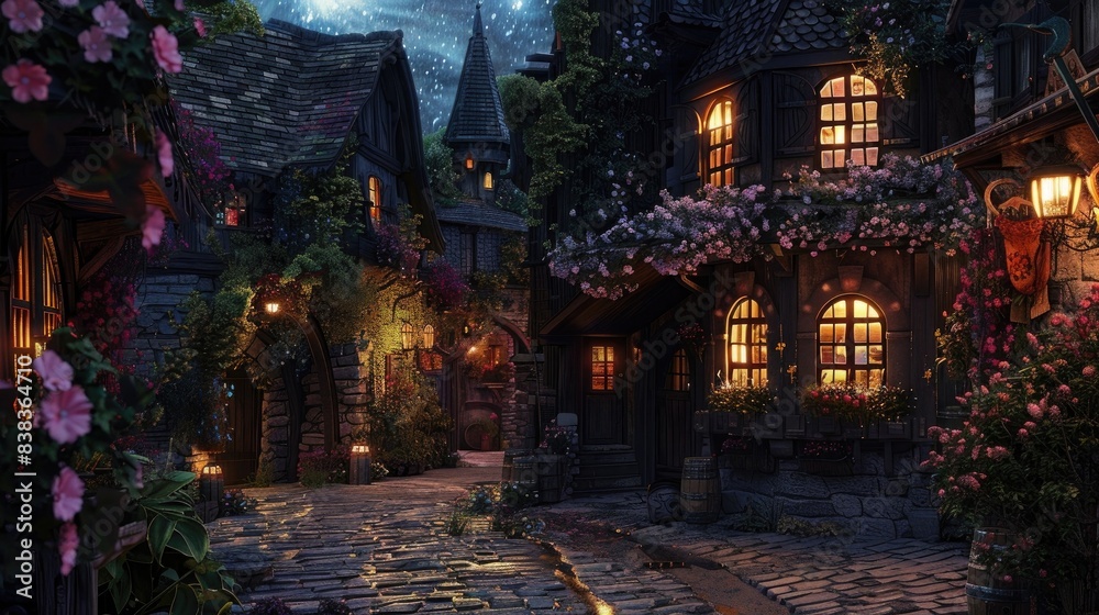 A fantasy village street with a cozy tavern and house with flowers on the walls. A cobblestone path leads past glowing windows at night time. The scene is