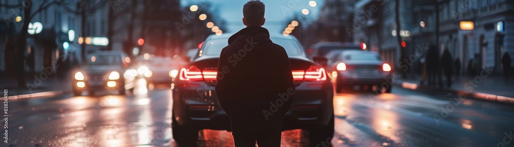 A man stands in front of the modern car 