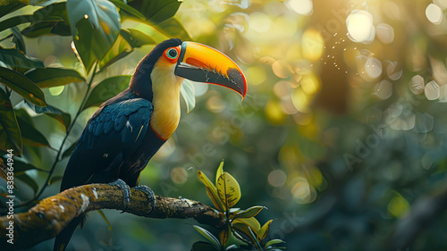 colored beautiful bird sitting on the tree in the jungle, colored wild bird, colored wild bird sitting on the branch of tree in jungle