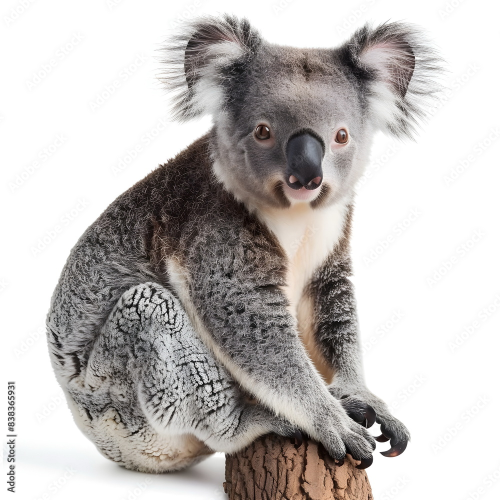 Naklejka premium Adorable Koala Perched Tree Trunk Fluffy Ears Grey Fur Wildlife Australia