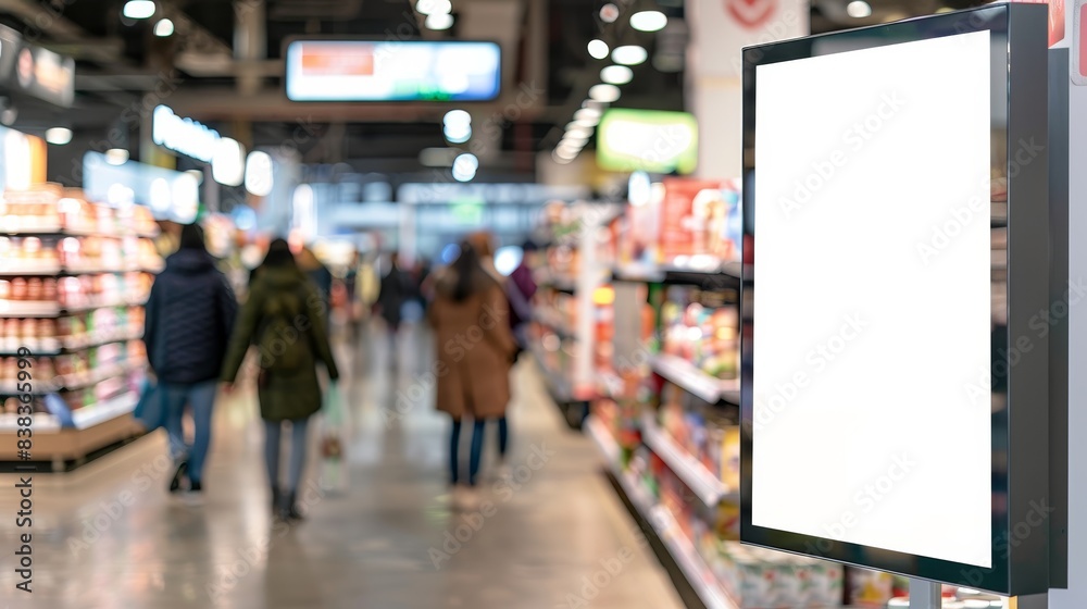 A white sign is in a store with people walking by A white sign is in a store with people walking by