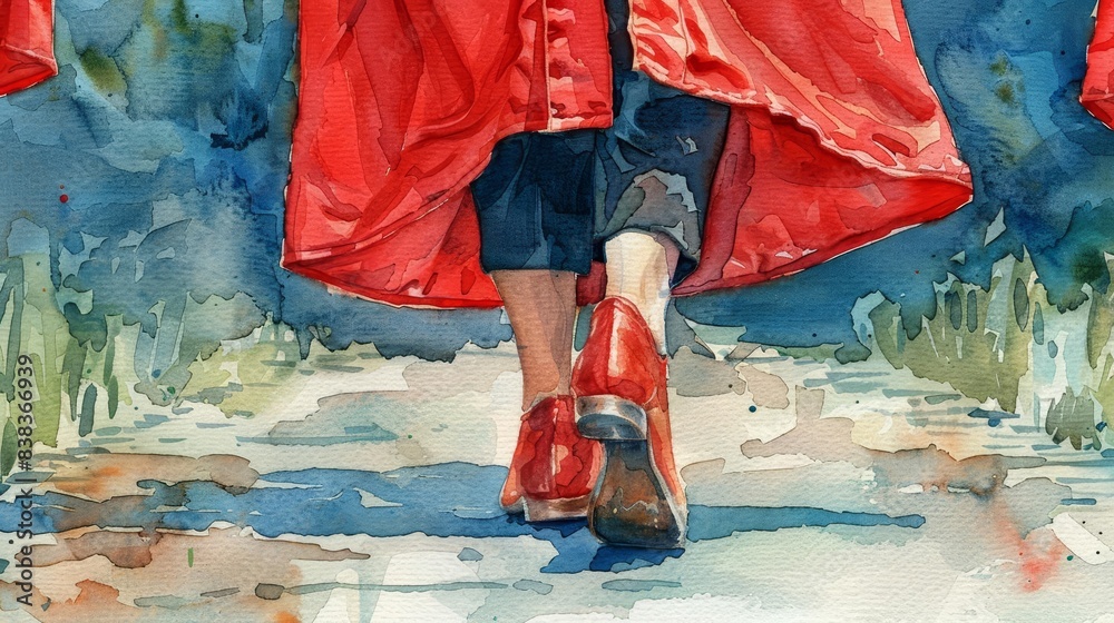 A watercolor painting of a woman in a red dress walking down a blue ...